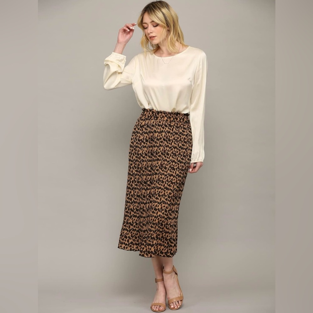 High Waist Polka Dot Pleated Midi Swing Skirt with Pockets -brown - Picture 5 of 6